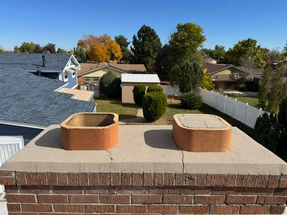 Two tan clay flue tiles on a wide concrete crown with a hairline crack, on a brick chimney against a blue sky, with houses and trees behind